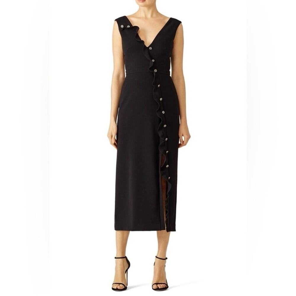 SALONI Marley Women’s Black Sleeveless Ruffle Trim Button Detail Midi Dress